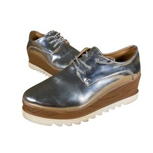 Qupid Silver Metallic Wedge Oxford Shoes Women Lace Up Chunky Platform